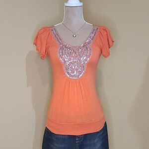 Vintage 90s/00s BONGO flutter sleeve sequin and beaded bling top